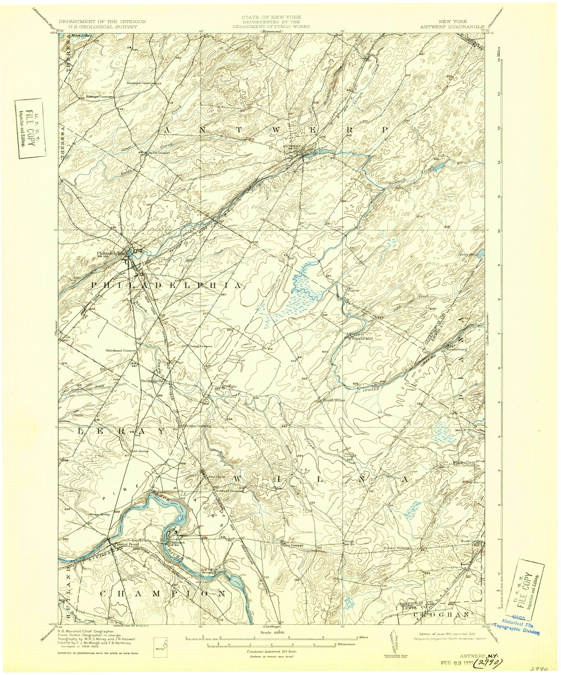 1911 USGS topographic quadrangle map of Antwerp, New York, showing the village and surrounding North Country.